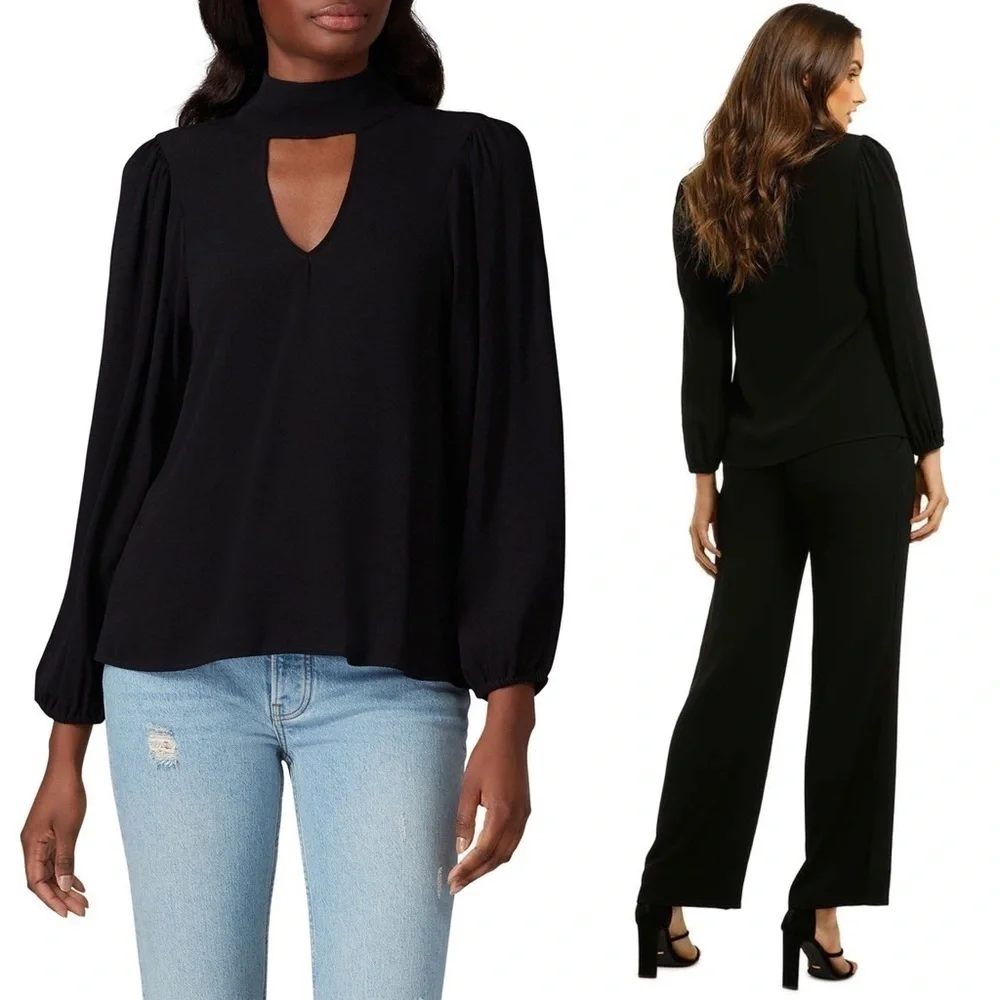 FLYNN SKYE 70s High Neck Front &‎ Back Cutout Long Puffed Sleeve Crepe Blouse M